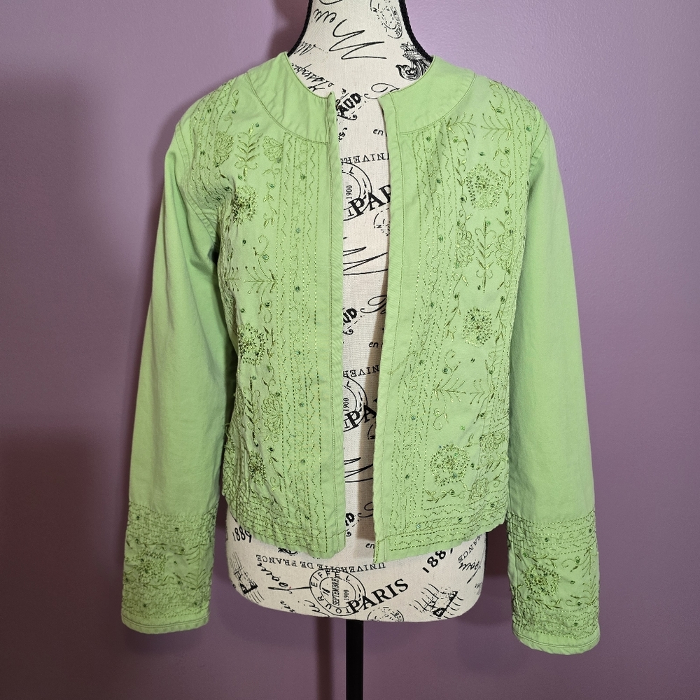 Chico's embroidered open front Pistachio Green jacket XS
